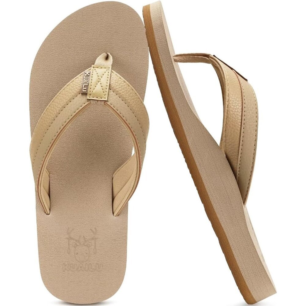 〽️Men's Flip Flop Sandal Apricot Leather Slip On Arch Support Comfort Shoes